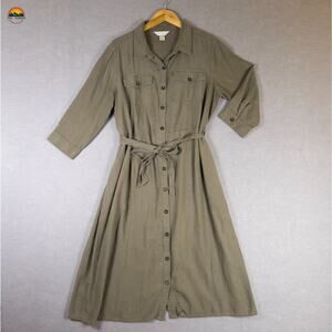 Christopher & Banks Shirt Dress Beige Long Sleeve Belted Women's Size Large